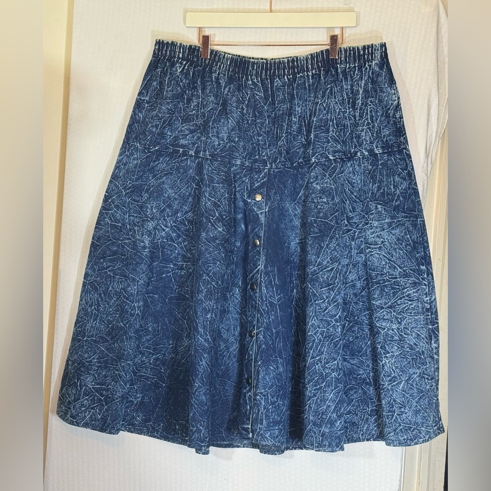 Vintage 80s L.A. Dawn California Acid Wash Denim A‑Line Skirt Size 18 Snap Front